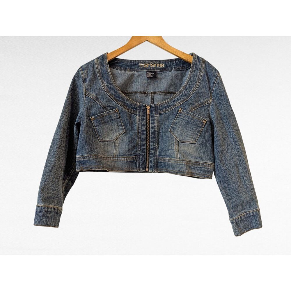 Marianne Denim Bolero Jacket L Cropped Zip Front Blue Jean Stretch